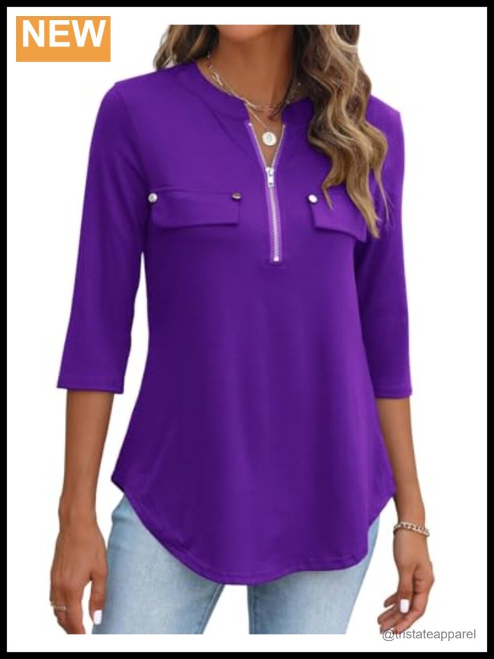 3/4 Sleeve V-Neck Zipper Tunic Top Blouse with Curved Hem - Women's Dressy